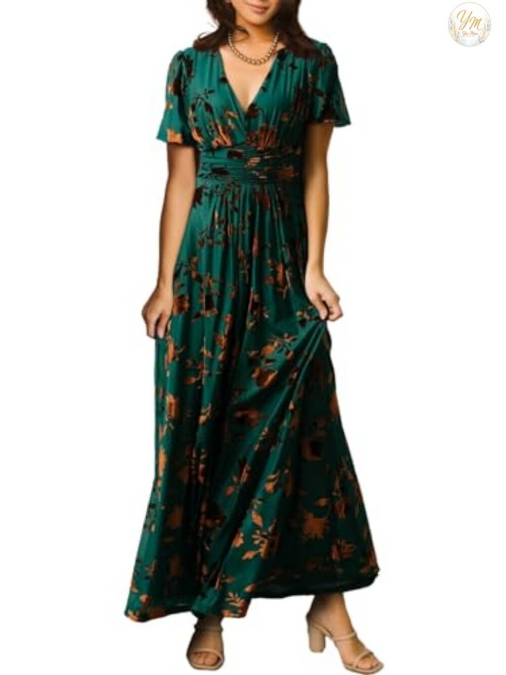 Velvet Maxi Dress V Neck Empire Waist Short Sleeve Formal Wedding Guest Dress